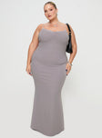 back view of model wearing Princess Polly Arabellia Maxi Dress Grey Curve V-Neck 