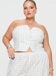 front view of model wearing Princess Polly Freddle Strapless Top White Stripe Curve Sleeveless Sweetheart 