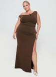 front view of model wearing Princess Polly Rios One Shoulder Maxi Dress Brown Curve Asymmetric Neckline 