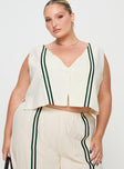 front view of model wearing Princess Polly Heenny Vest Top White / Green Curve Sleeveless Plunger 