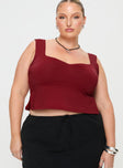 front view of model wearing Princess Polly Rehna Top Burgundy Curve Sleeveless Sweetheart 