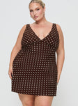 front view of model wearing Princess Polly Nellie Mini Dress Brown Polka Dot Curve Plunger 