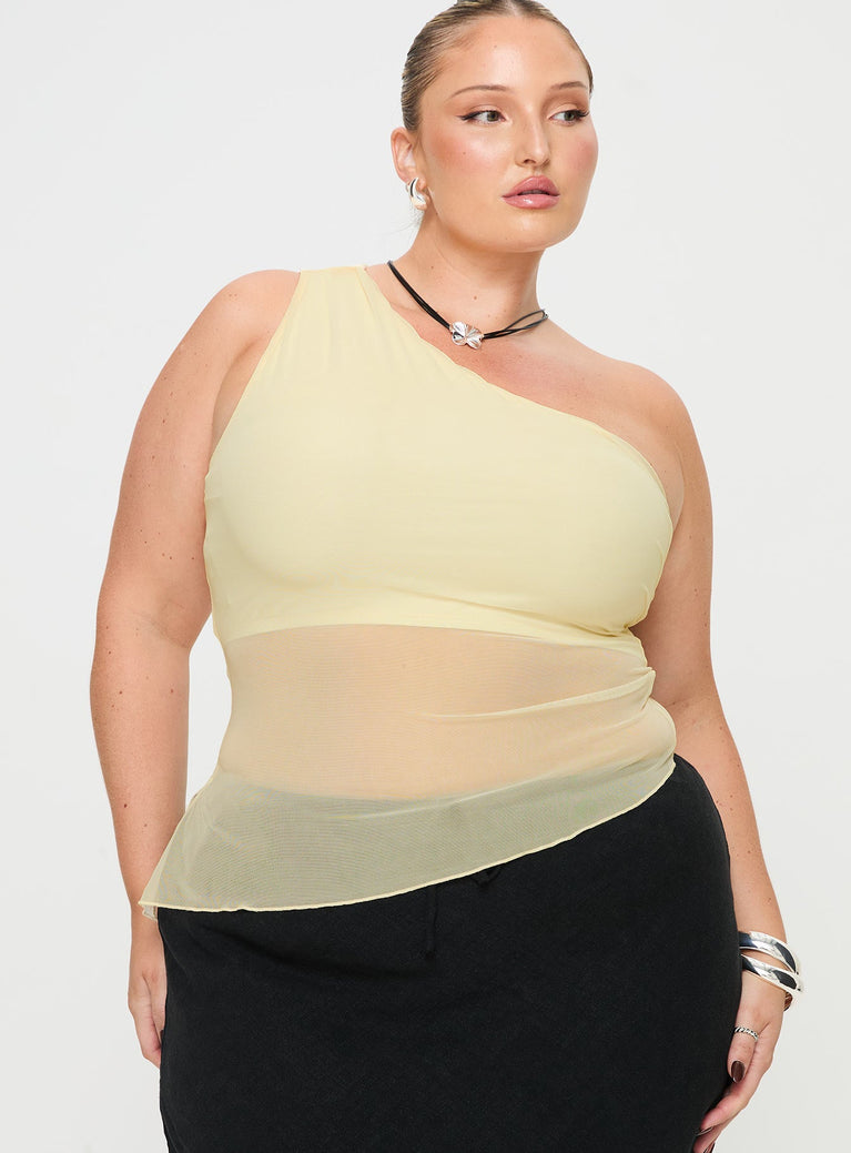 front view of model wearing Princess Polly Gilda Asymmetric Top Cream Curve Sleeveless Asymmetric Neckline 