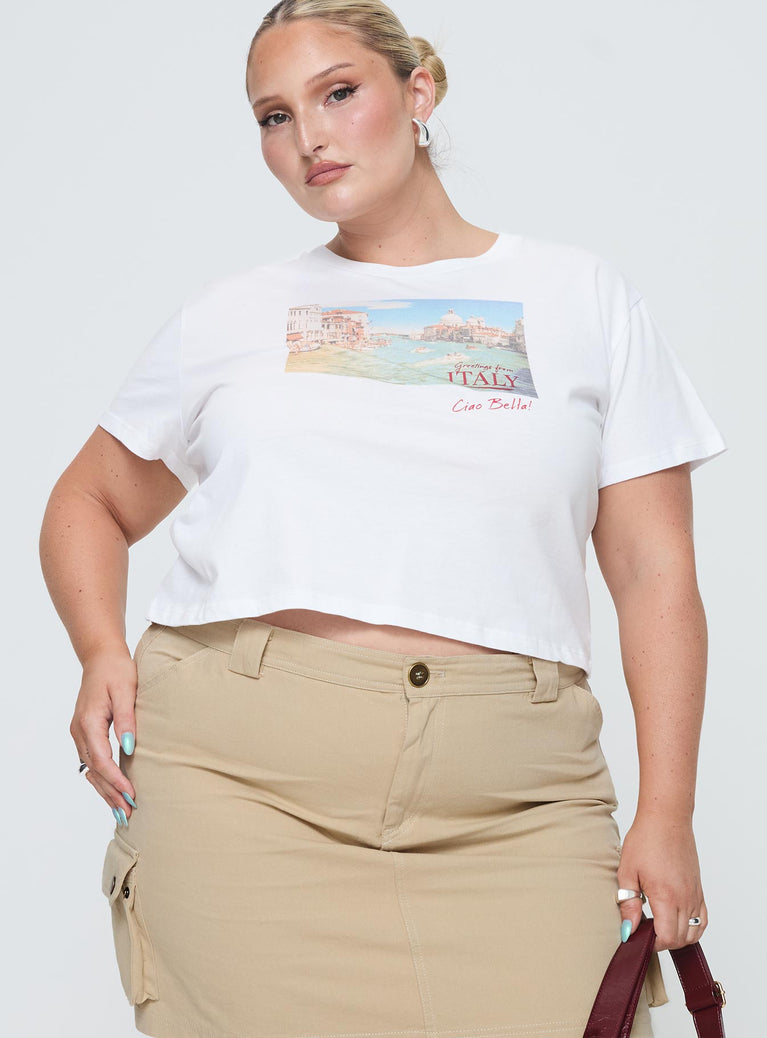 front view of model wearing Princess Polly Italy Love Tee Ivory Curve Short Sleeves Crew Neck 