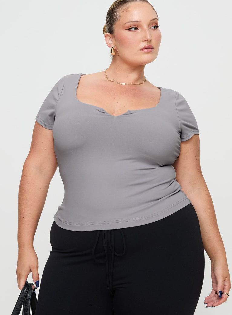 front view of model wearing Princess Polly Serenie Top Grey Curve Short Sleeves V-Neck 