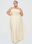 front view of model wearing Princess Polly Slow Dance Linen Blend Maxi Dress Cream / Blue Curve Straight Neck 