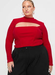 front view of model wearing Princess Polly Cathey Long Sleeve Corset Top Red Curve Full Sleeves High Neck 