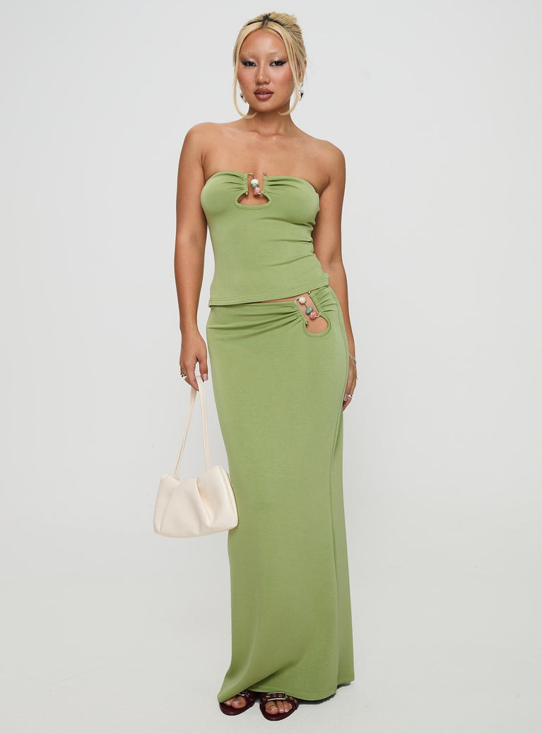   front view of model wearing Princess Polly Sun Chaser Maxi Skirt Green Maxi 