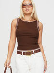 front view of model wearing Princess Polly Casado Top Brown Sleeveless Crew Neck 