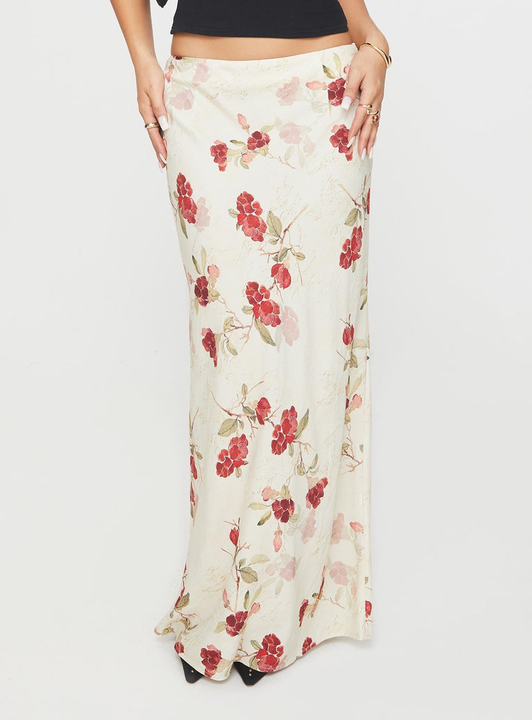   front view of model wearing Princess Polly Jodie Maxi Skirt Cream / Floral Maxi 