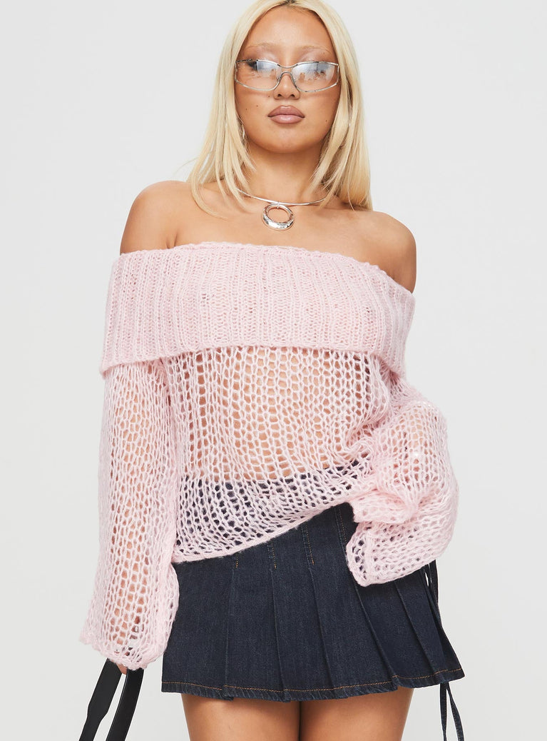 front view of model wearing Princess Polly Trapok Off The Shoulder Sweater Pink Long 