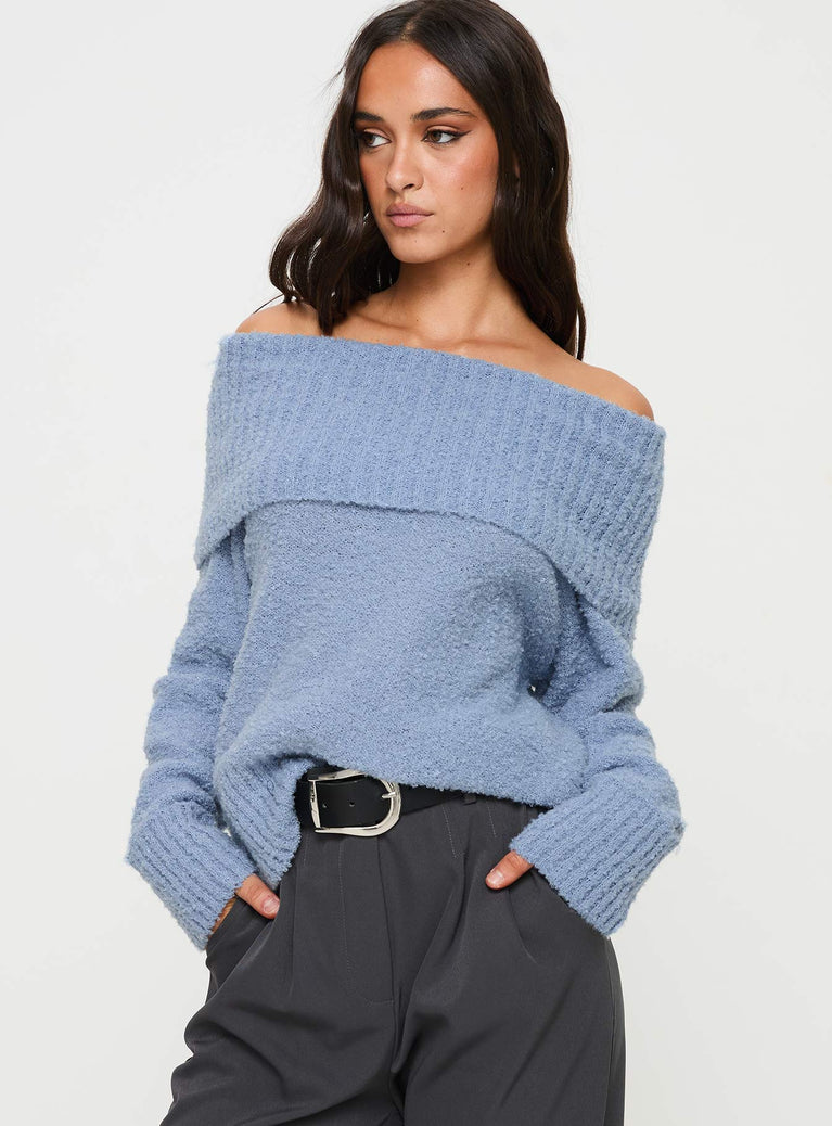 front view of model wearing Princess Polly Parkley Boucle Off The Shoulder Sweater Blue Long 