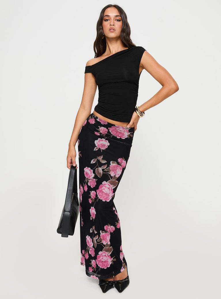   front view of model wearing Princess Polly Modalla Maxi Skirt Black Floral Maxi 