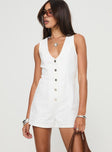 Playsuit Fixed shoulder straps, scooped neckline, button fastening down front Non-stretch material, unlined 