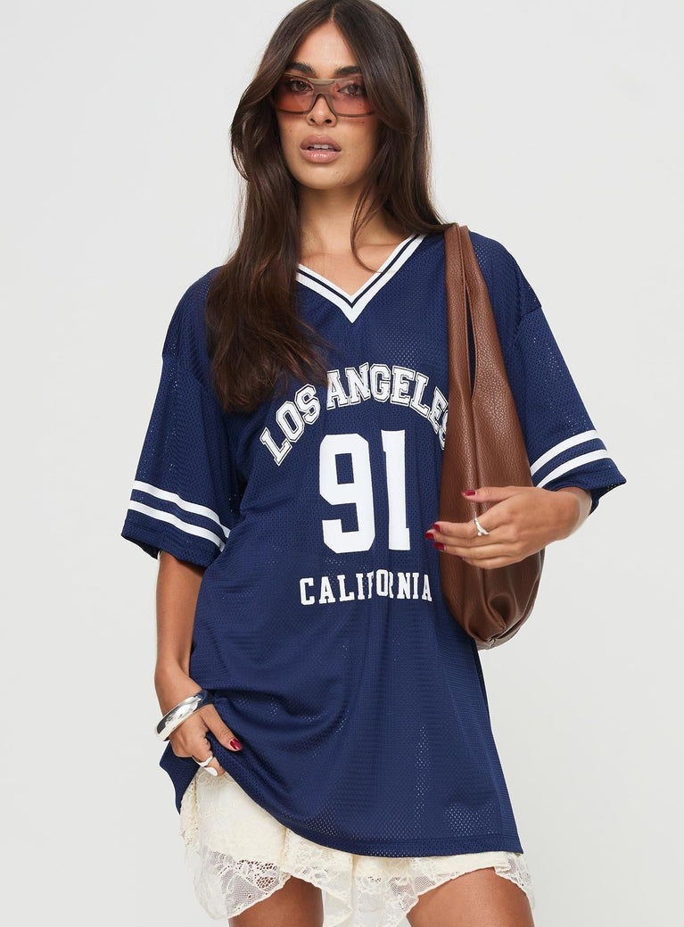 front view of model wearing Princess Polly Michail Jersey Dress Navy V-Neck 