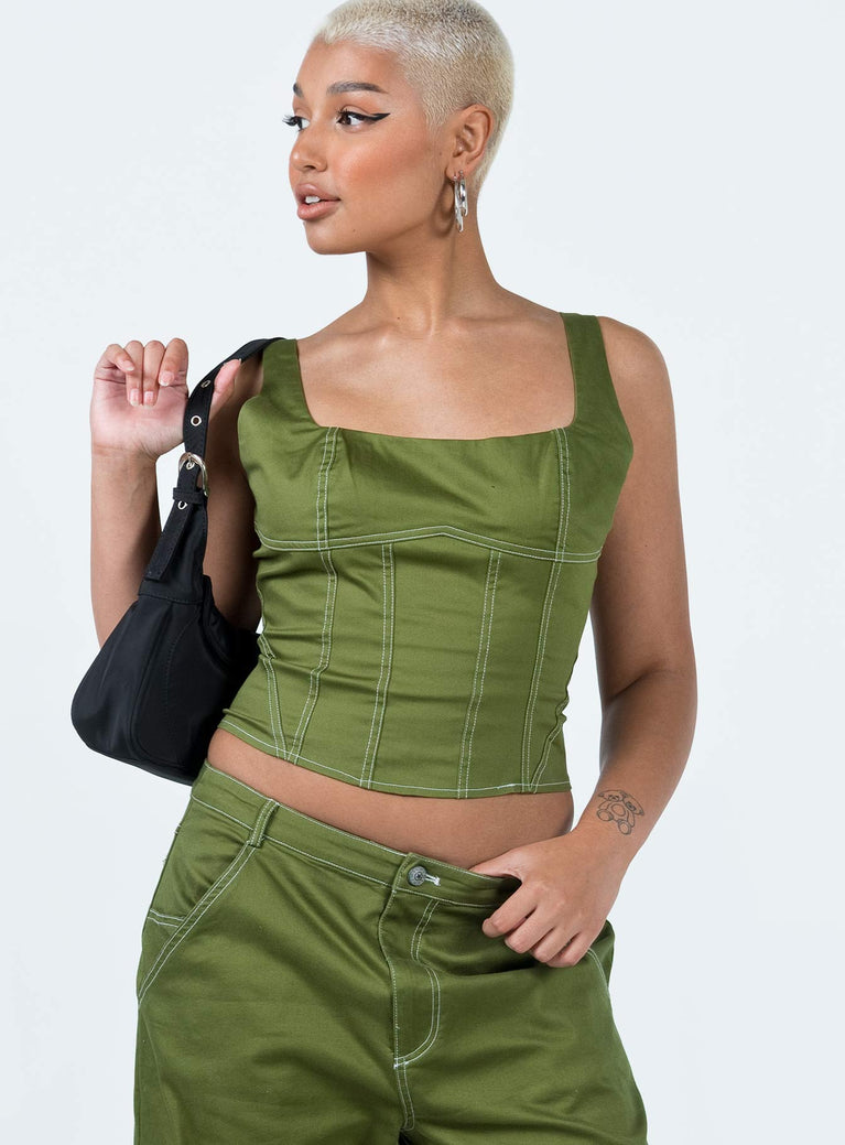 Front view of model wearing  front Princess Polly Sleeveless Square Neck  Phena Contrast Corset Top Green