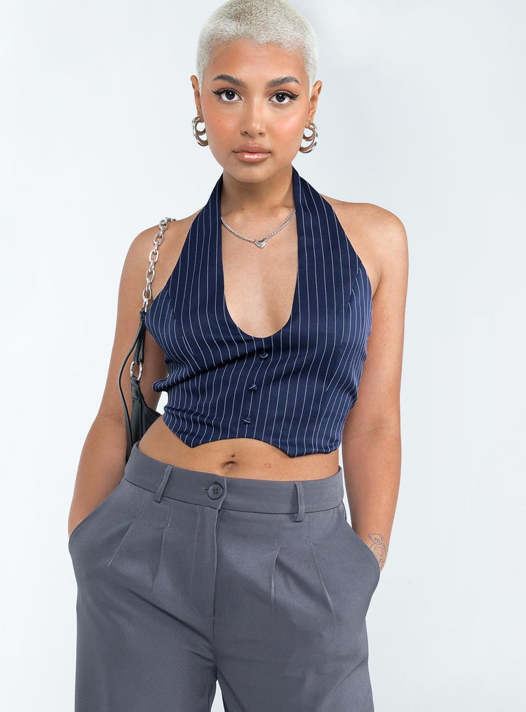 Front view of model wearing  front Princess Polly Sleeveless Scoop Neck  Oriana Top Navy Pinstripe