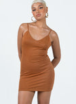 Front view of model wearing  front Princess Polly Asymmetric Neckline  Holmwood Mini Dress Rust