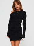 front view of model wearing Princess Polly Orara Long Sleeve Mini Dress Black Asymmetric Neckline 