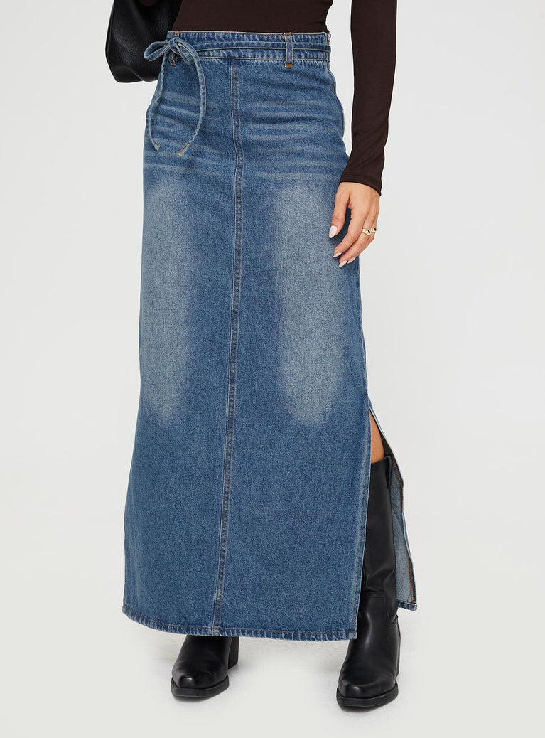 Front view of model wearing  front Brandee Tie Front Denim Maxi Skirt Mid Blue Princess Polly  Maxi 