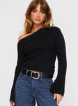 front view of model wearing Princess Polly Phillips Cold Shoulder Sweater Black Cropped 