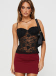 front view of model wearing Princess Polly Kerr Lace Top Black Sleeveless Sweetheart 