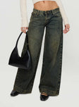 front view of model wearing Princess Polly Ribbon Stamp Wide Leg Jeans Antique Wash Petite Low Rise Jeans 