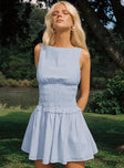 front view of model wearing Princess Polly Yennifer Shirred Mini Dress Blue / White Petite Boat Neck 