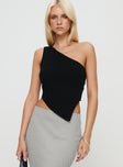 front view of model wearing Princess Polly Harford One Shoulder Top Black Sleeveless Asymmetric Neckline 