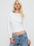 front view of model wearing Princess Polly Hopelessly Devoted Top White Full Sleeves Crew Neck 