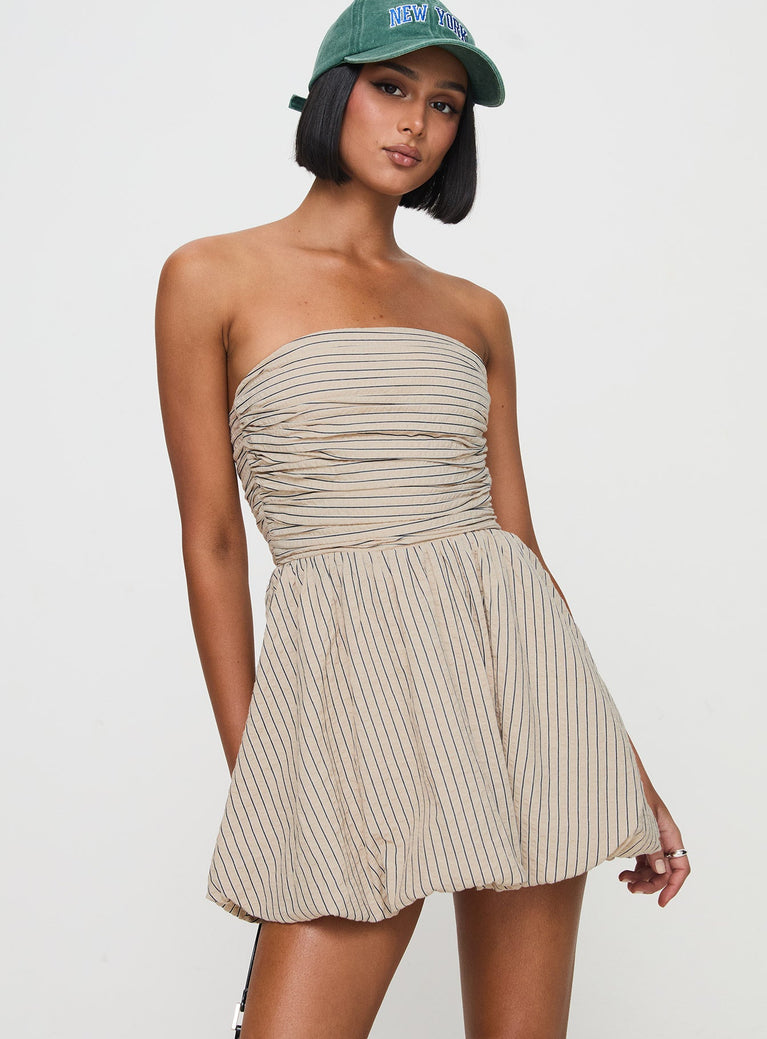 front view of model wearing Princess Polly Quinette Strapless Bubble Hem Mini Dress Beige Stripe Straight Neck 