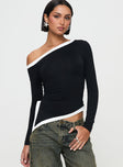 front view of model wearing Princess Polly Fake Smile Long Sleeve Top Black Full Sleeves Asymmetric Neckline 