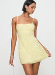 front view of model wearing Princess Polly South Of France Mini Dress Yellow Square Neck 