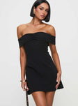 front view of model wearing Princess Polly Lanes Off The Shoulder Mini Dress Black Straight Neck 