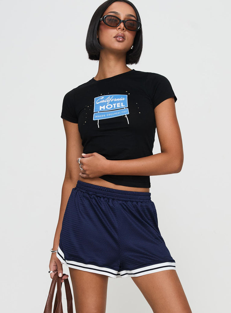 front view of model wearing Princess Polly Longer Days Short Navy High Waisted Shorts 