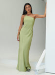 side view of model wearing Princess Polly Nehemiah One Shoulder Maxi Dress Chartreuse Asymmetric Neckline 