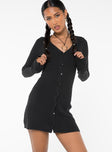 side view of model wearing Princess Polly Waldin Long Sleeve Mini Dress Black V-Neck 