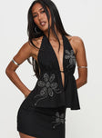 Quotation Diamante Halter Backless Top Black