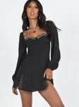 front view of model wearing Princess Polly Floreto Long Sleeve Mini Dress Black Sweetheart Neckline 