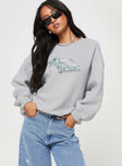 side view of model wearing Princess Polly Retro Car Crew Neck Sweatshirt Grey Marle 