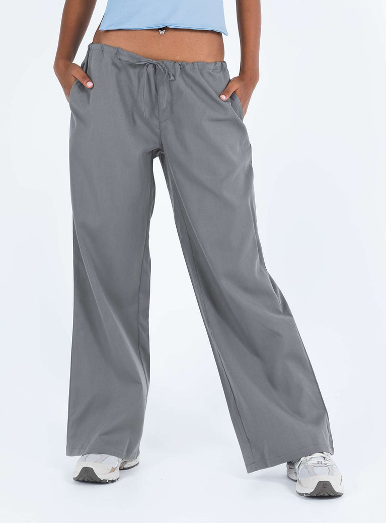 Grey pants Drawstring waist Twin hip and back pockets Wide leg