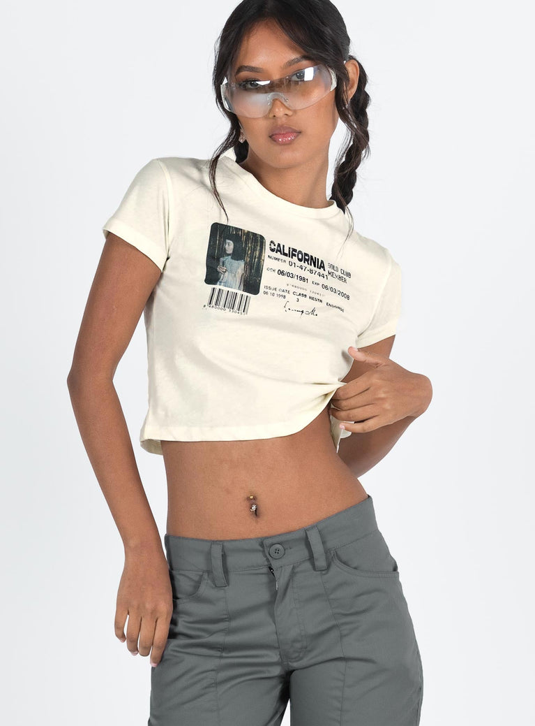 side view of model wearing Princess Polly Check Ur Id Top Ivory Short Sleeves Crew Neck 