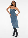 front view of model wearing Princess Polly Smokeshow Strapless Midi Dress Blue Denim Sweetheart Neckline 