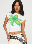 back view of model wearing Princess Polly Tiona Summer Flower Top White / Lime Short Sleeves Crew Neck 