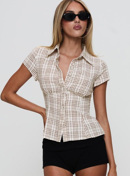 Cottesloe Blouse Top Brown Check
