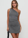 side view of model wearing Princess Polly Wazabi One Shoulder Mini Dress Slate Grey Asymmetric Neckline 