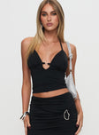 front view of model wearing Princess Polly Norwalk Plunge Neck Top Black Sleeveless Plunger 