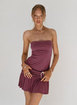 front view of model wearing Princess Polly Love Lingers Strapless Mini Dress Burgundy Straight Neck 