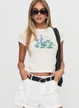 front view of model wearing Princess Polly Viva La Vino Top Cream Short Sleeves Crew Neck 