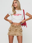   front view of model wearing Princess Polly Velveta Low Rise Denim Skirt Camel Mini Skirts 